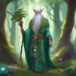 A majestic Earth Genasi druid standing in a lush forest, surrounded by vibrant flora and fauna