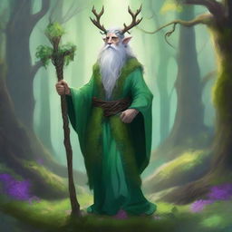 A majestic Earth Genasi druid standing in a lush forest, surrounded by vibrant flora and fauna