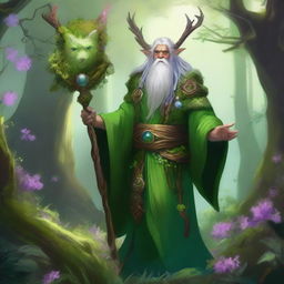 A majestic Earth Genasi druid standing in a lush forest, surrounded by vibrant flora and fauna