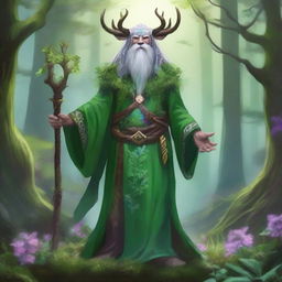 A majestic Earth Genasi druid standing in a lush forest, surrounded by vibrant flora and fauna