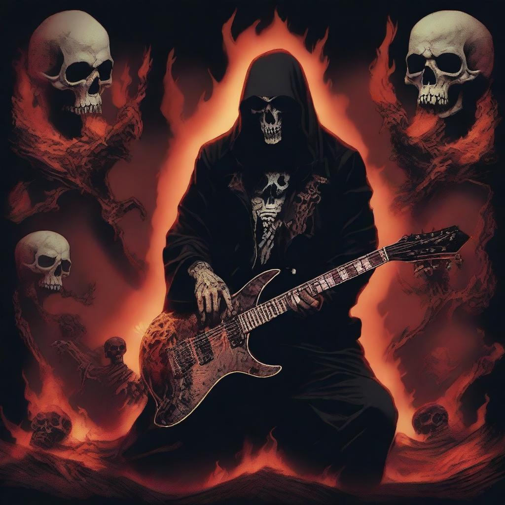 A dark and intense death metal grindset scene featuring a menacing figure with a guitar, surrounded by skulls and flames