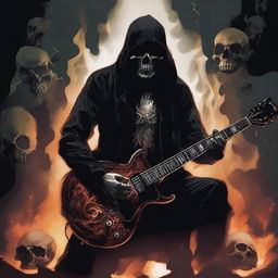 A dark and intense death metal grindset scene featuring a menacing figure with a guitar, surrounded by skulls and flames