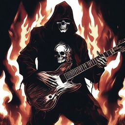 A dark and intense death metal grindset scene featuring a menacing figure with a guitar, surrounded by skulls and flames