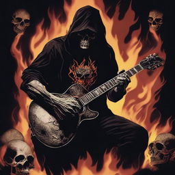 A dark and intense death metal grindset scene featuring a menacing figure with a guitar, surrounded by skulls and flames