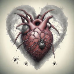 A heart filled with tiny, intricate spiders crawling within it