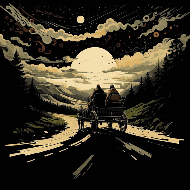 An abstract illustration of two shadowy men seated in an old cart pulled by a donkey on a lonely winding dirt road in the Carpathian Mountains, with expansive skies in the background