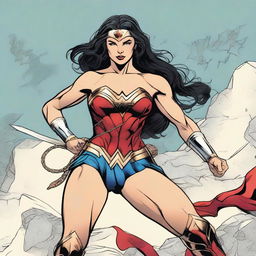 A detailed illustration of Wonder Woman in a heroic pose, showcasing her strength and confidence