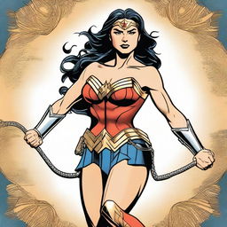 A detailed illustration of Wonder Woman in a heroic pose, showcasing her strength and confidence