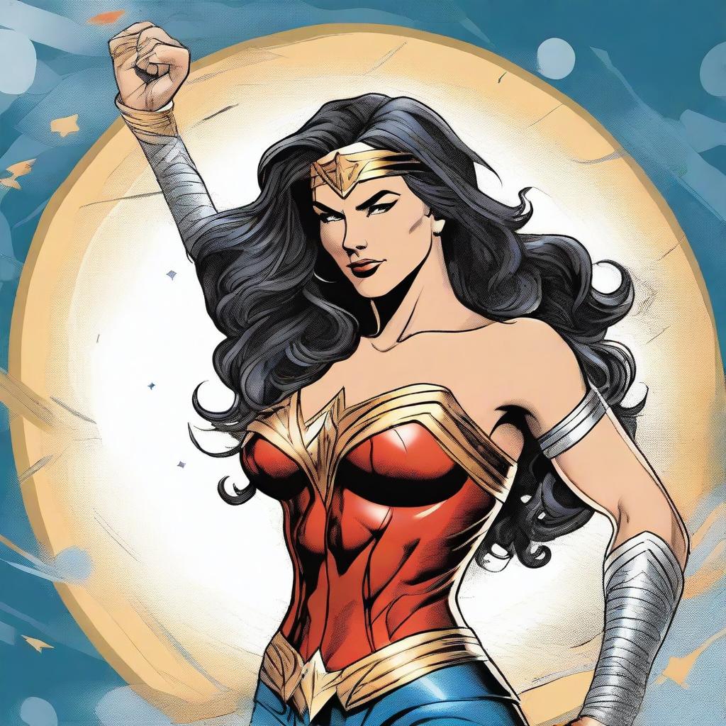 A detailed illustration of Wonder Woman in a heroic pose, showcasing her strength and confidence