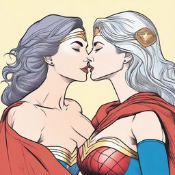 A detailed illustration of Wonder Woman and Supergirl sharing a romantic kiss