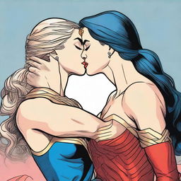 A detailed illustration of Wonder Woman and Supergirl sharing a romantic kiss