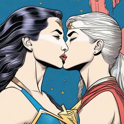 A detailed illustration of Wonder Woman and Supergirl sharing a romantic kiss