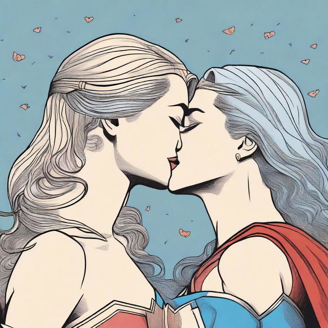 A detailed illustration of Wonder Woman and Supergirl sharing a romantic kiss