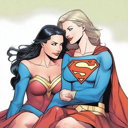 A detailed illustration of Supergirl sitting on Wonder Woman's lap in a close and intimate pose