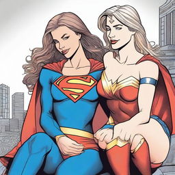 A detailed illustration of Supergirl sitting on Wonder Woman's lap in a close and intimate pose