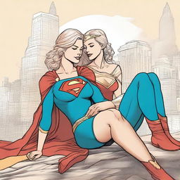 A detailed illustration of Supergirl sitting on Wonder Woman's lap in a close and intimate pose