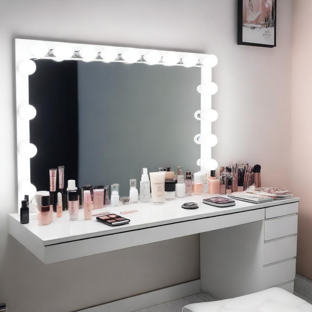 A makeup studio featuring a white vanity table with lights