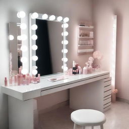 A makeup studio featuring a white vanity table with lights