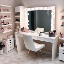 A makeup studio featuring a white vanity table with lights