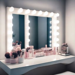 A makeup studio featuring a white vanity table with lights