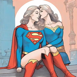 A detailed illustration of Supergirl sitting on Wonder Woman's lap in a close and intimate pose