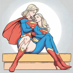 A detailed illustration of Supergirl sitting on Wonder Woman's lap in a close and intimate pose