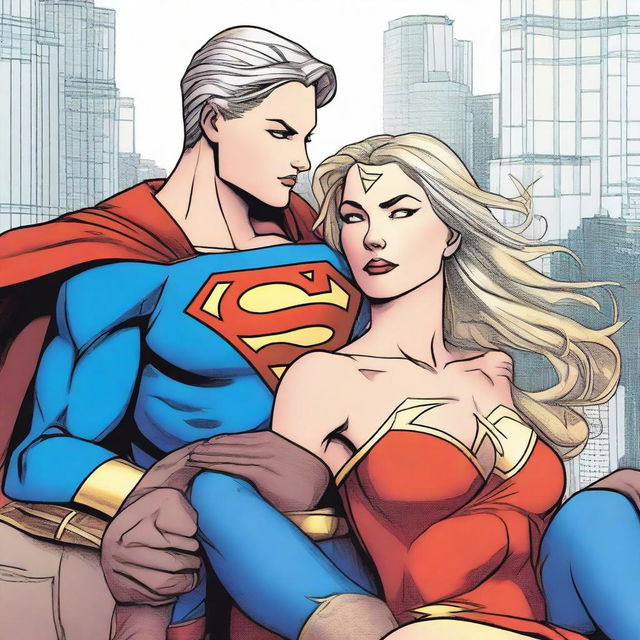 A detailed illustration of Supergirl sitting on Wonder Woman's lap in a close and intimate pose