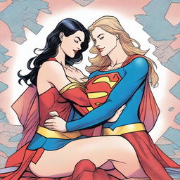 A detailed illustration of Supergirl sitting on Wonder Woman's lap in a close and intimate pose