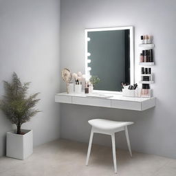 A minimalist makeup studio featuring a white vanity table occupying 2 square meters