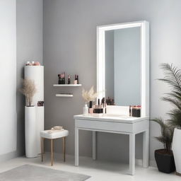 A minimalist makeup studio featuring a white vanity table occupying 2 square meters