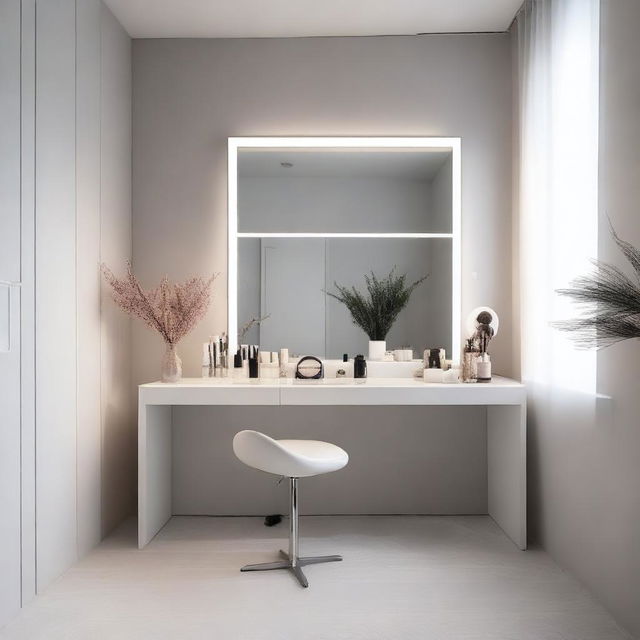 A minimalist makeup studio featuring a white vanity table occupying 2 square meters