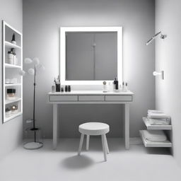 A minimalist makeup studio featuring a white vanity table occupying 2 square meters