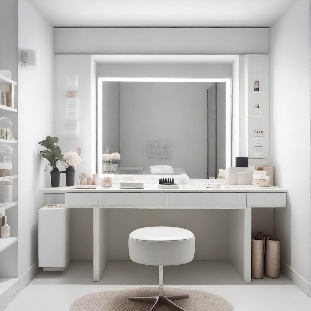 A minimalist makeup studio in a 2 square meter room featuring a white vanity table