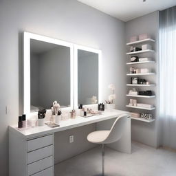 A minimalist makeup studio in a 2 square meter room featuring a white vanity table