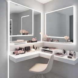 A minimalist makeup studio in a 2 square meter room featuring a white vanity table