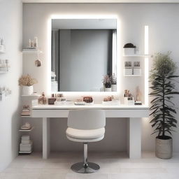 A minimalist makeup studio in a 2 square meter room featuring a white vanity table