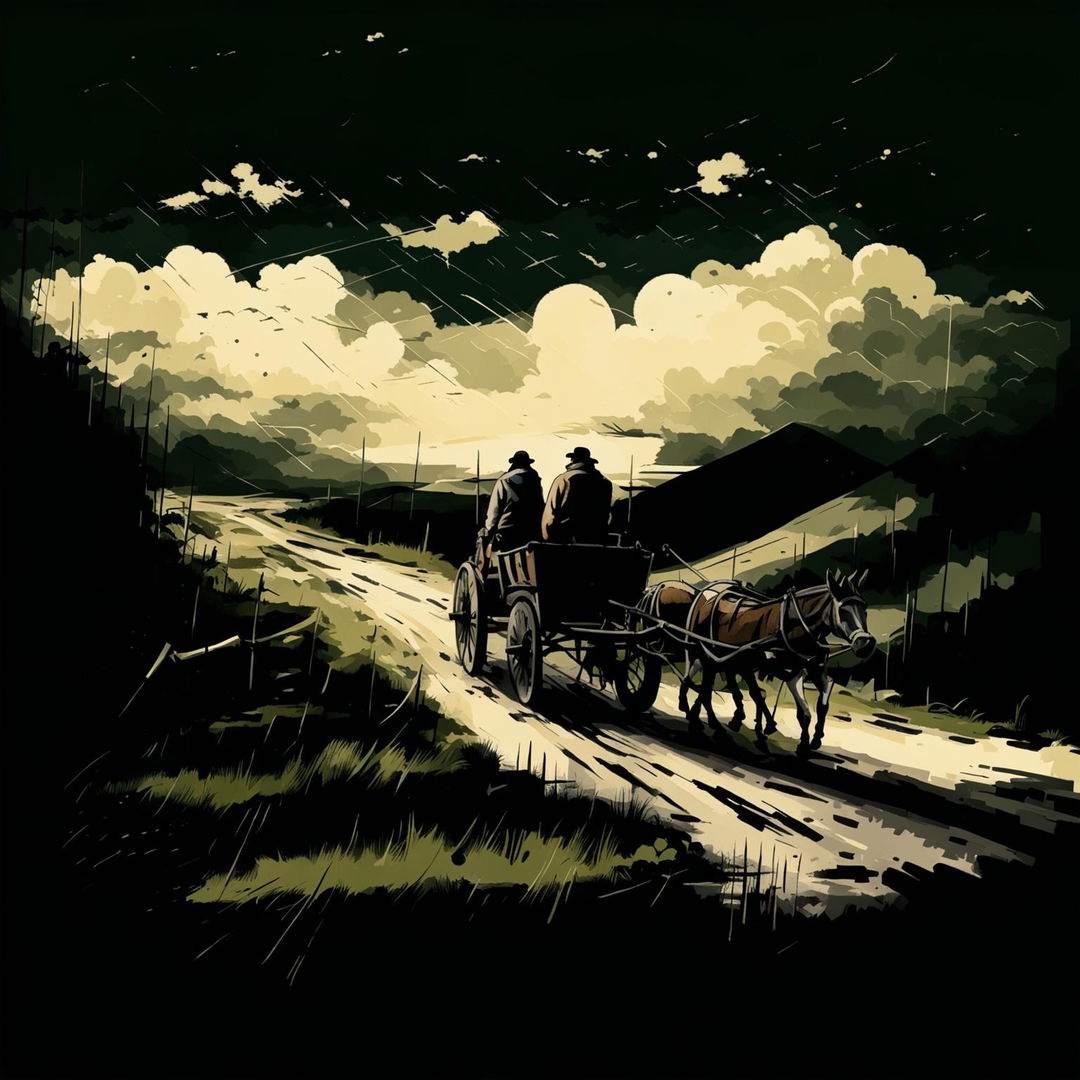 Abstract illustration of two shadowy men in the distance seated in an old cart pulled by a donkey on a lonely winding dirt road through the Carpathian Mountains, with dramatic skies in the background, evoking mystery and solitude