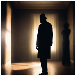 A mysterious life partner standing in a dimly lit room, with shadows casting intriguing shapes on the walls