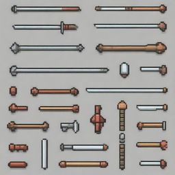 Generate a set of pixel art weapons