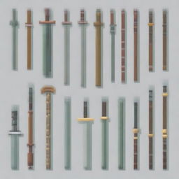 Generate a set of pixel art weapons