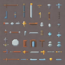 Generate a set of pixel art weapons