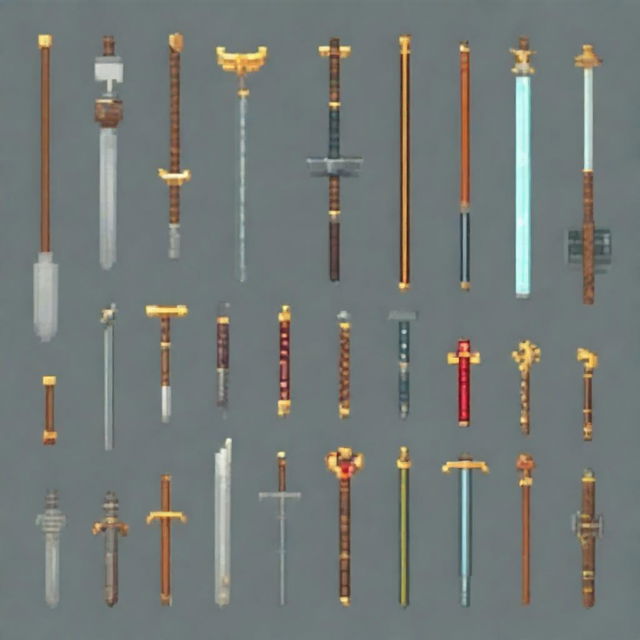 Generate a set of pixel art weapons