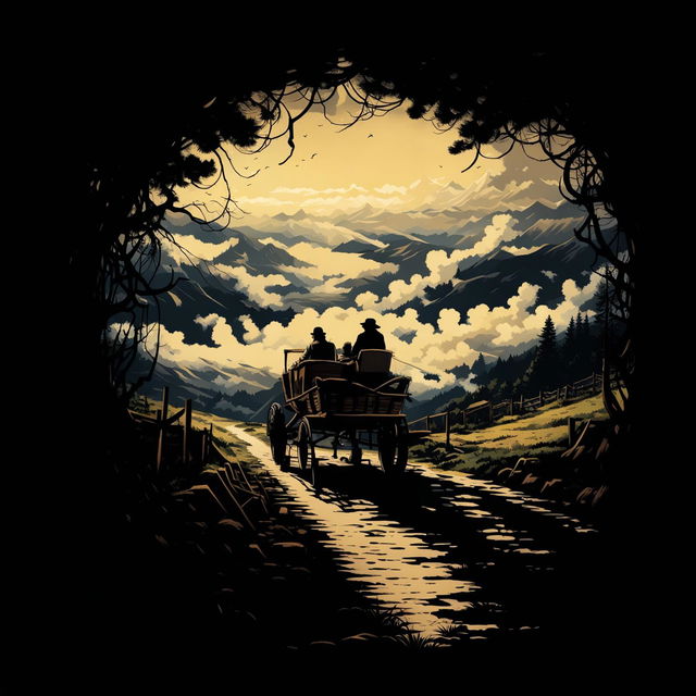 An atmospheric illustration of two shadowy men in an old cart pulled by a donkey on a lonely winding dirt road through the Carpathian Mountains, with abstract skies in the background