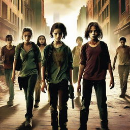 A thrilling movie poster featuring a group of teenage kids surviving a zombie apocalypse