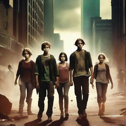 A thrilling movie poster featuring a group of teenage kids surviving a zombie apocalypse