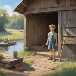 A radiant sunny morning scene where the character Finn discovers a weathered, yet charming old fishing rod tucked away in the old family shed, perfect for a children's book illustration.