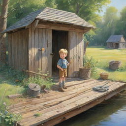 A radiant sunny morning scene where the character Finn discovers a weathered, yet charming old fishing rod tucked away in the old family shed, perfect for a children's book illustration.