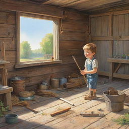 A radiant sunny morning scene where the character Finn discovers a weathered, yet charming old fishing rod tucked away in the old family shed, perfect for a children's book illustration.