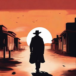 A lonesome wanderer in a western setting, walking through a dusty, deserted town at sunset