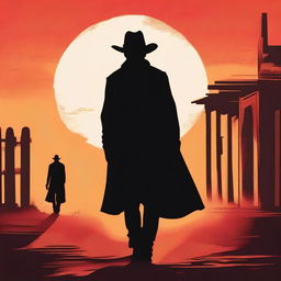 A lonesome wanderer in a western setting, walking through a dusty, deserted town at sunset